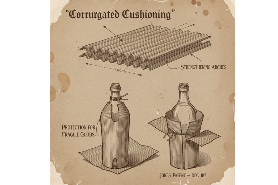 Ảnh: bản vẽ carton sóng của Albert Jones (1871) ứng dụng bọc chai lọ